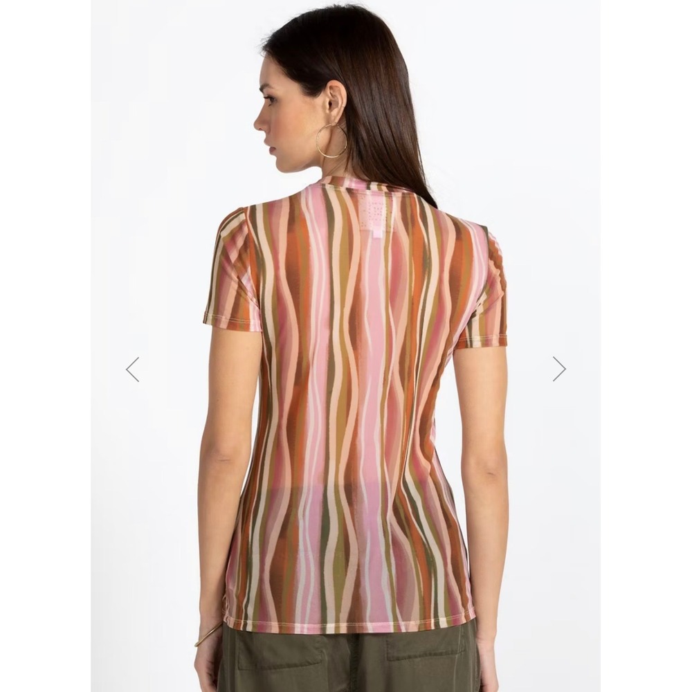 Johnny Was Eleanor Mesh Short SleeveTop Striped Pink Brown Women's Size XL - Picture 9 of 9